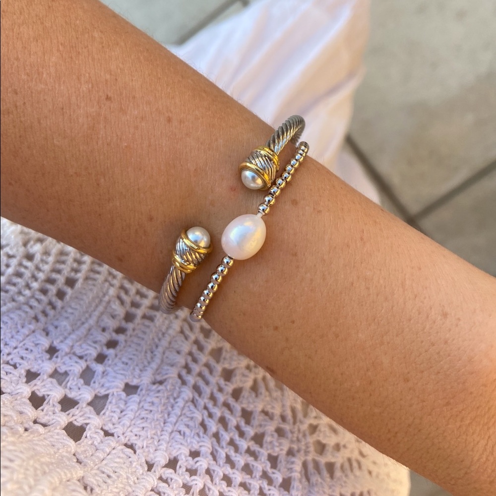 Silver Cuff with Pearl and 4mm Beaded with Pearl